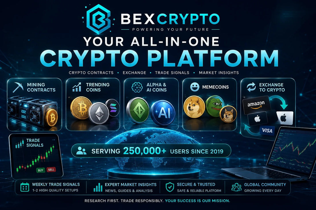 BEXCRYPTO all-in-one crypto platform featuring mining contracts, trending coins, Alpha and AI coins, memecoins, crypto exchange, weekly trade signals, and market insights.