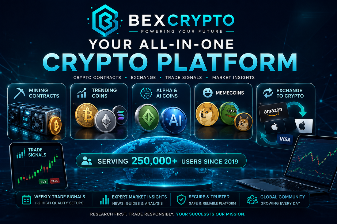 BEXCRYPTO all-in-one crypto platform featuring mining contracts, trending coins, Alpha and AI coins, memecoins, crypto exchange, weekly trade signals, and market insights.