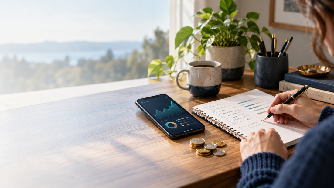 Person reviewing a monthly budget beside a phone showing a crypto portfolio chart, with a few coins on the desk.