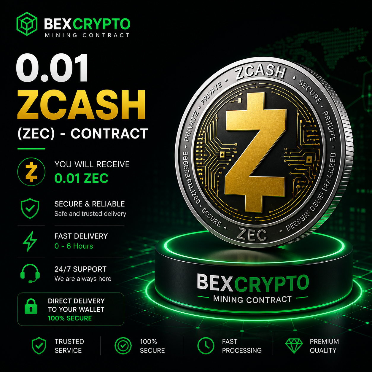 0.01 Zcash (ZEC) Mining Contract by BEXCRYPTO featuring secure cryptocurrency mining, fast wallet delivery, and trusted cloud mining services.