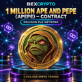 BEXCRYPTO artwork for 1 million Ape and Pepe (APEPE) tokens on Polygon PoS, featuring a hooded green character on a gold coin
