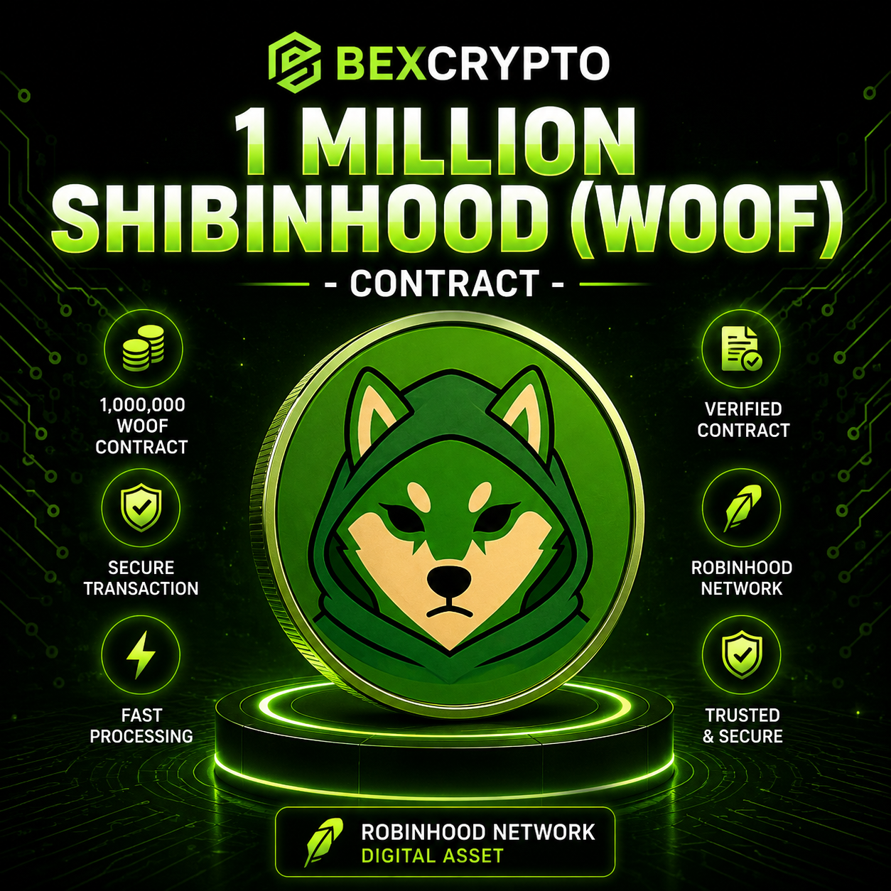 1 Million Shibinhood WOOF Robinhood Network cryptocurrency contract available on Bexcrypto