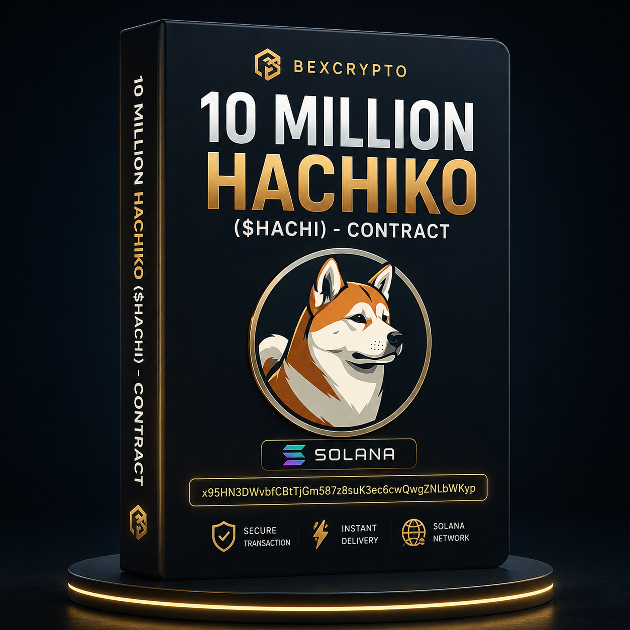 10 Million Hachiko ($HACHI) Solana Contract by BEXCRYPTO featuring the Hachiko dog logo, premium digital crypto contract design, secure transaction, and instant delivery.