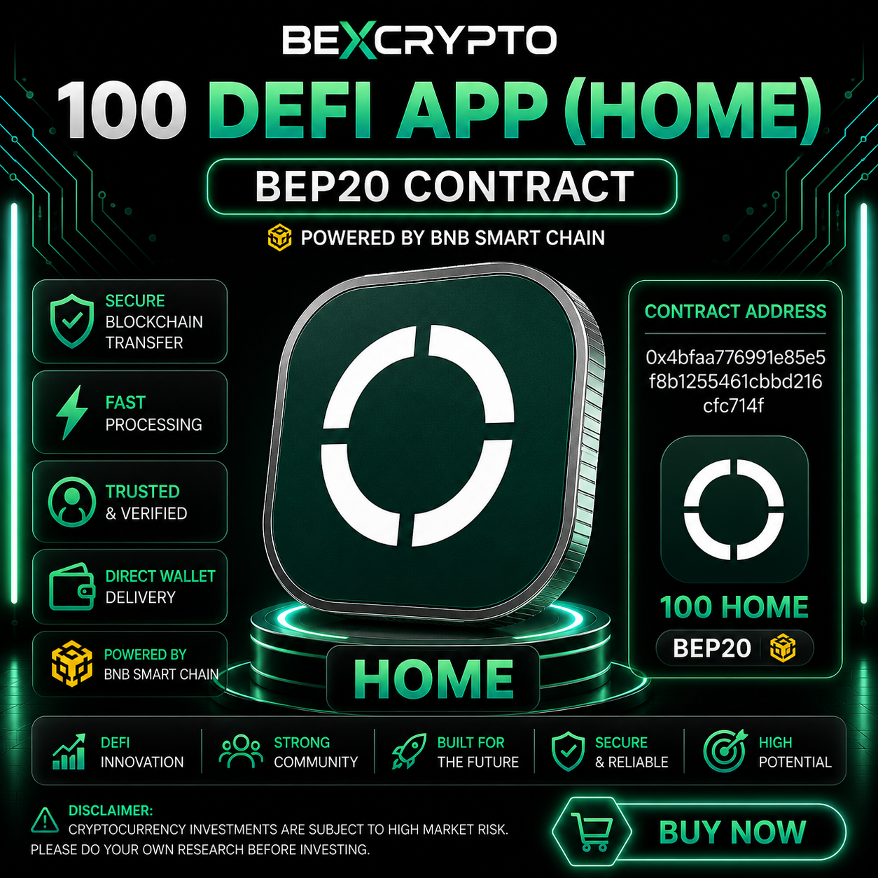 100 DeFi App HOME BEP20 Smart Contract cryptocurrency token available on BEXCRYPTO