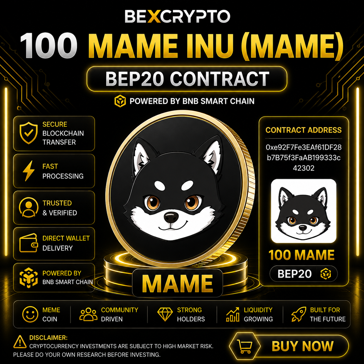 100 Mame Inu (MAME) BEP20 contract on Bexcrypto with MAME token logo and BNB Smart Chain details