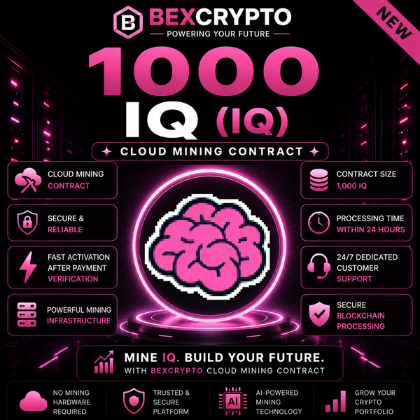 BEXCRYPTO 1000 IQ (IQ) Cloud Mining Contract product image featuring secure AI-powered blockchain mining technology.