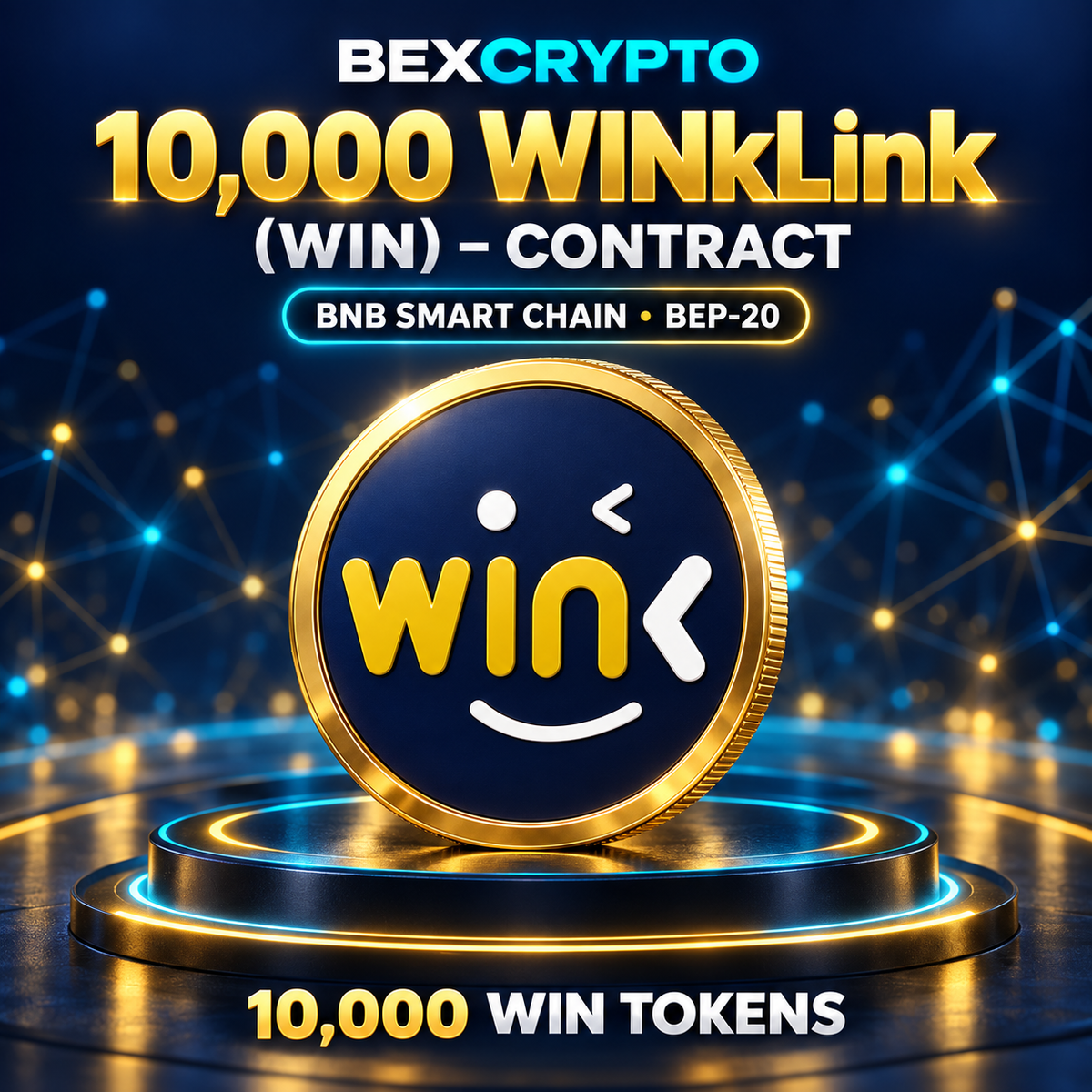 BEXCRYPTO 10,000 WINkLink (WIN) BEP-20 token contract image featuring a gold coin with the WINkLink logo