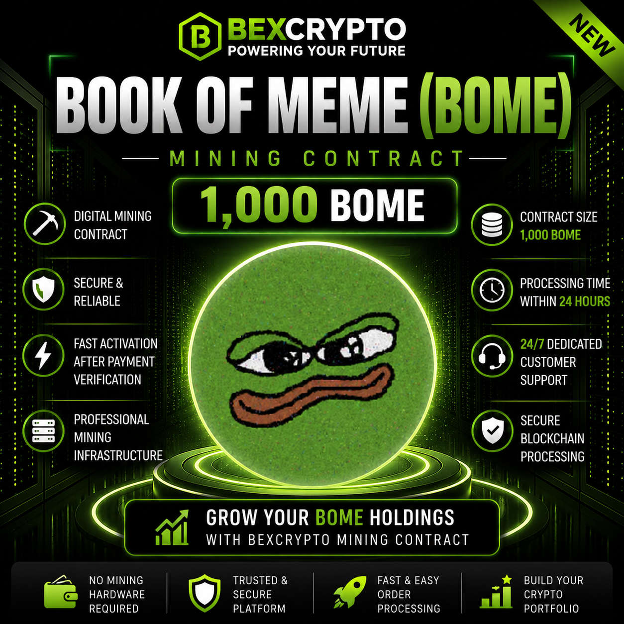 BEXCRYPTO 1000 BOOK OF MEME (BOME) Mining Contract product image featuring the BOOK OF MEME logo, secure cryptocurrency mining contract, 1,000 BOME contract size, and digital mining services.