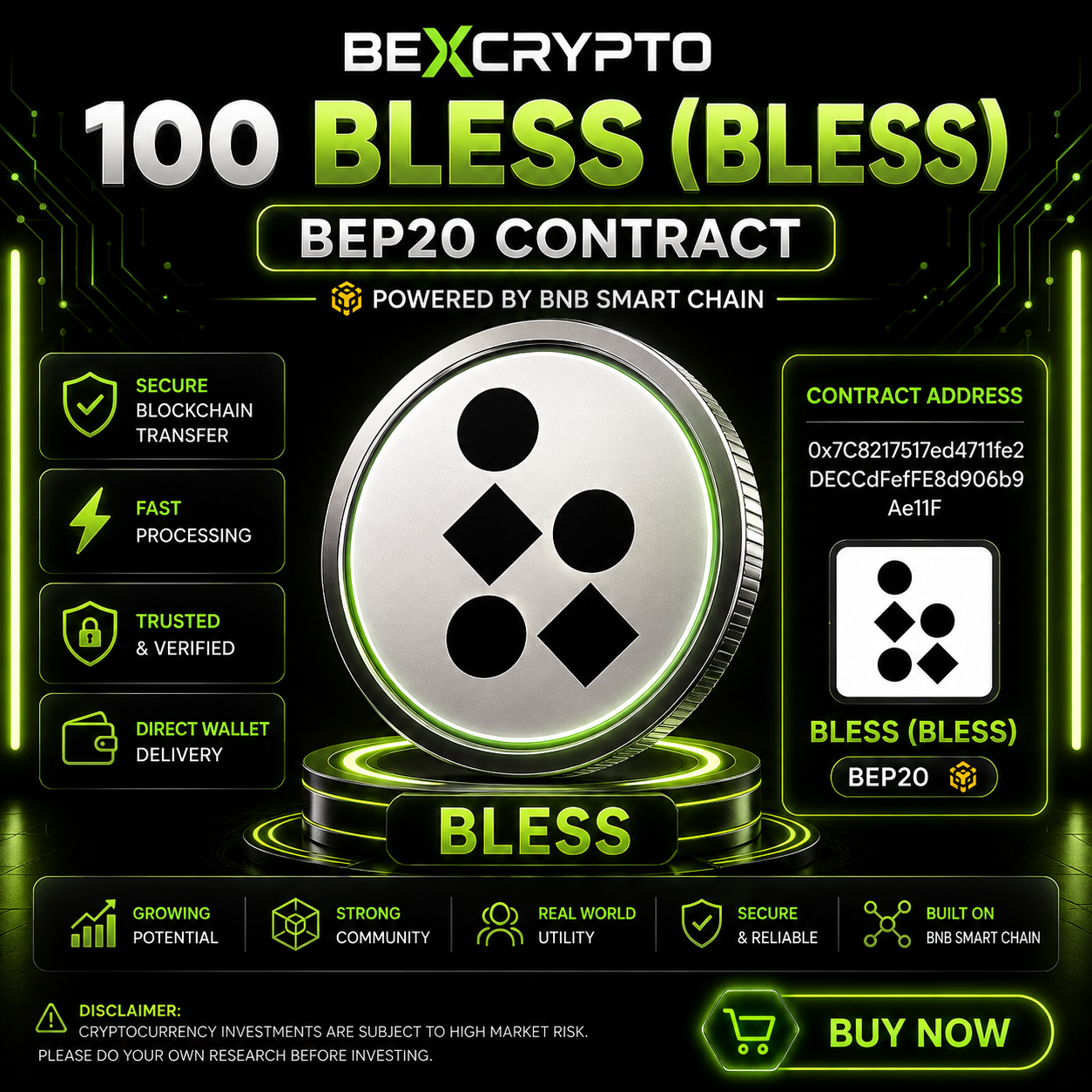 100 Bless (BLESS) BEP20 cryptocurrency contract available on BEXCRYPTO blockchain marketplace