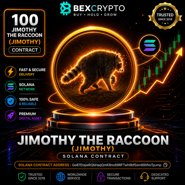 Premium BEXCRYPTO product image for 100 Jimothy The Raccoon (JIMOTHY) on the Solana blockchain featuring secure crypto delivery, the official Solana contract address, and trusted blockchain transactions.