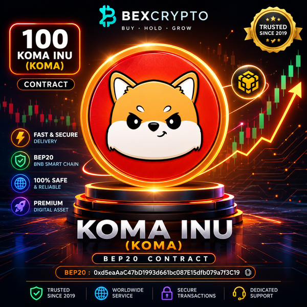 Premium BEXCRYPTO product image for 100 Koma Inu (KOMA) BEP20 contract featuring the Koma Inu token, BNB Smart Chain support, secure crypto delivery, and official BEP20 contract address.