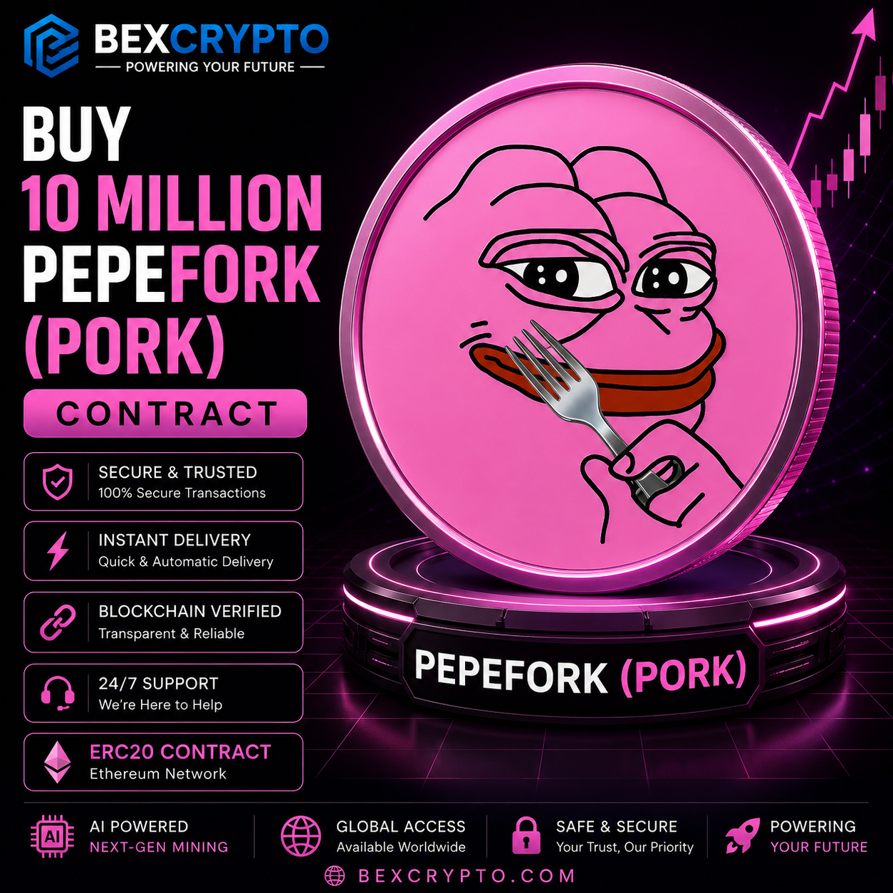 10 Million PepeFork (PORK) ERC20 Contract product image by BEXCRYPTO featuring a premium neon pink PepeFork coin with secure blockchain mining contract design and instant digital delivery.