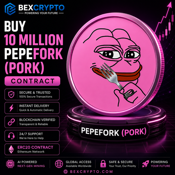 10 Million PepeFork (PORK) ERC20 Contract product image by BEXCRYPTO featuring a premium neon pink PepeFork coin with secure blockchain mining contract design and instant digital delivery.
