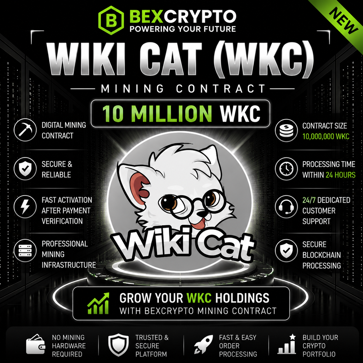 BEXCRYPTO 10 Million Wiki Cat (WKC) Mining Contract product image featuring the Wiki Cat logo, secure cryptocurrency mining contract, 10,000,000 WKC contract size, and digital mining services.
