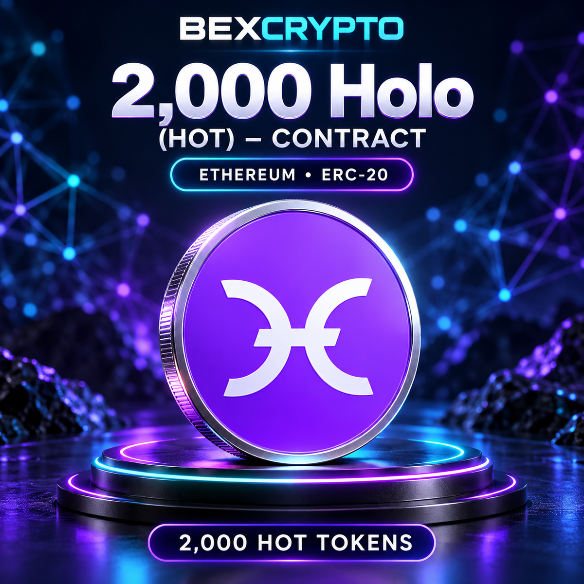 BEXCRYPTO 2,000 Holo (HOT) Ethereum ERC-20 token contract featuring a purple Holo coin.