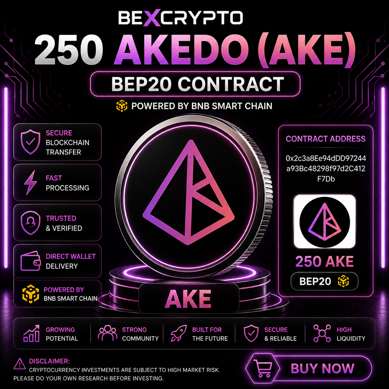 250 AKEDO AKE BEP20 Smart Contract cryptocurrency token available on BEXCRYPTO
