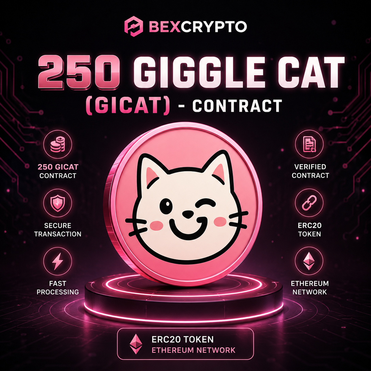 250 GIGGLE CAT GICAT ERC20 cryptocurrency contract available on Bexcrypto