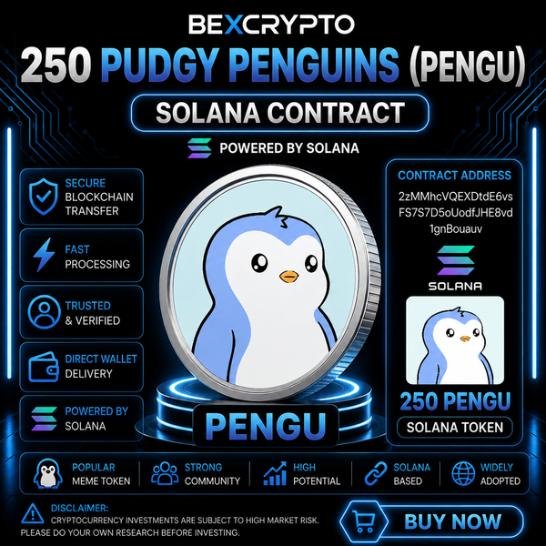 250 Pudgy Penguins PENGU Solana contract on Bexcrypto with PENGU token artwork and Solana network details