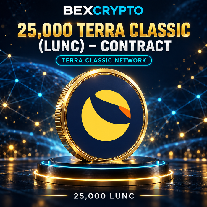 BEXCRYPTO artwork for 25,000 Terra Classic (LUNC), featuring a gold coin with the Terra Classic logo and network label