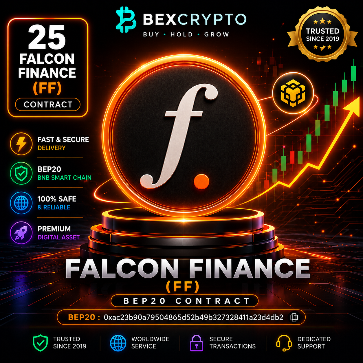 Premium BEXCRYPTO product image for 25 Falcon Finance (FF) BEP20 contract featuring secure blockchain delivery on the BNB Smart Chain with the official BEP20 contract address.