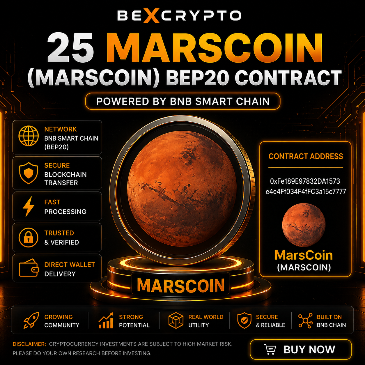 25 MarsCoin MARSCOIN BEP20 cryptocurrency contract on BNB Smart Chain