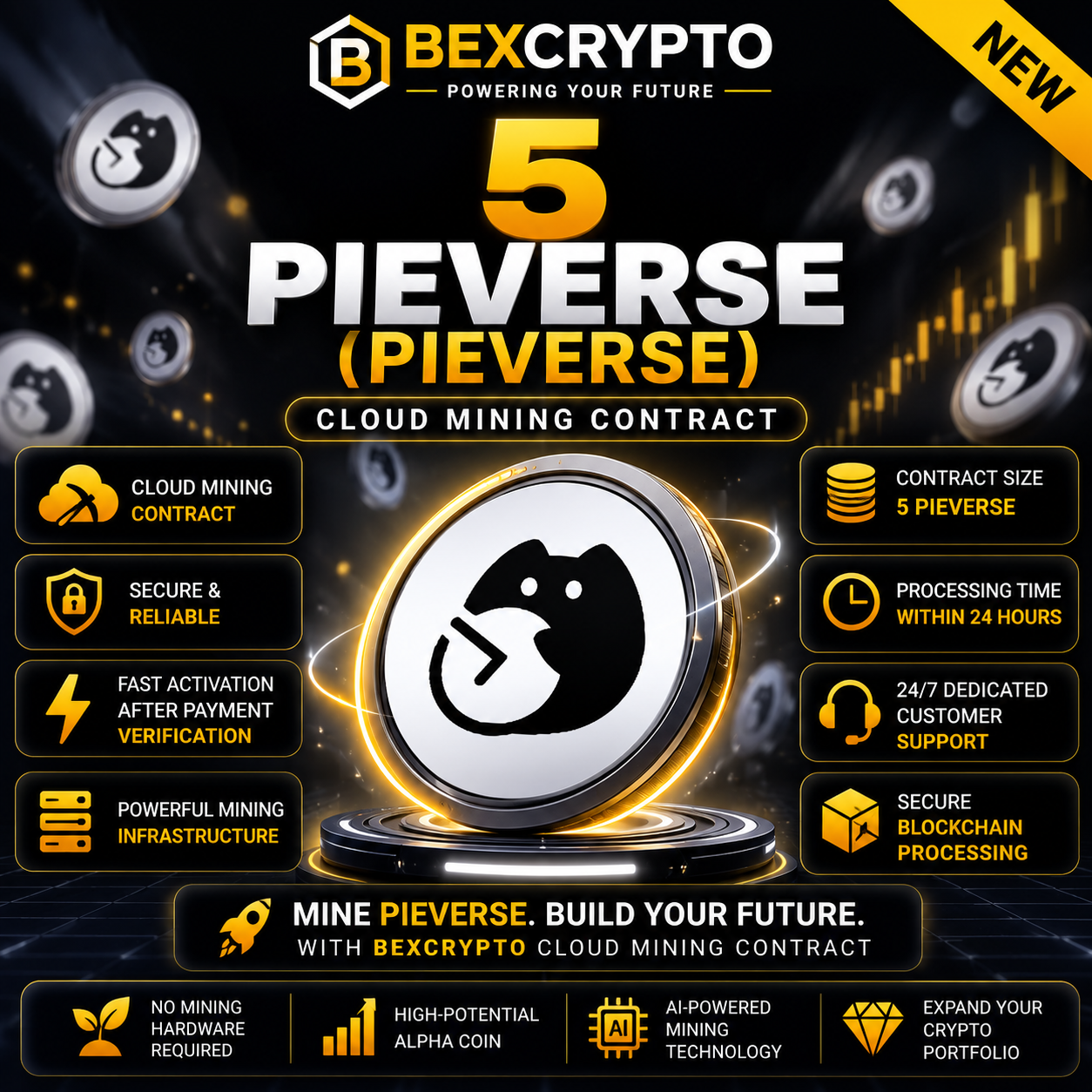 5 Pieverse (PIEVERSE) Cloud Mining Contract by BEXCRYPTO featuring secure blockchain processing, professional cloud mining, and instant digital delivery.