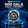 BEXCRYPTO artwork for 500 GALA tokens on Ethereum ERC-20, featuring the Gala logo on a silver coin with cyan lighting
