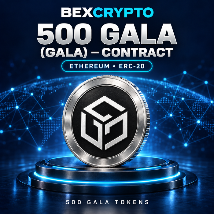 BEXCRYPTO artwork for 500 GALA tokens on Ethereum ERC-20, featuring the Gala logo on a silver coin with cyan lighting