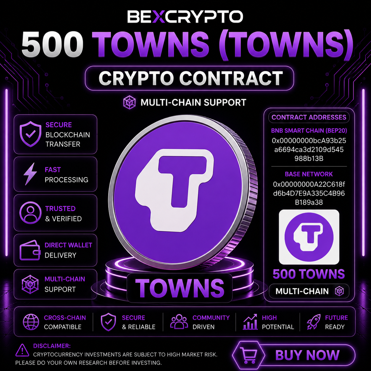 500 Towns (TOWNS) crypto contract on Bexcrypto with BEP20 and Base network contract details