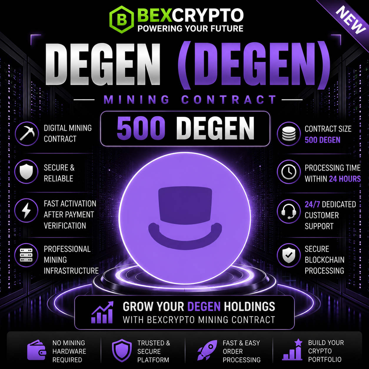 BEXCRYPTO 500 Degen (DEGEN) Mining Contract product image featuring the Degen logo, secure cryptocurrency mining contract, 500 DEGEN contract size, and digital mining services.