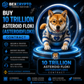 BEXCRYPTO Buy 10 Trillion Asteroid Floki (ASTEROIDFLOKI) Contract product image featuring a Shiba Inu astronaut in space, secure BEP20 blockchain contract, instant delivery, 24/7 support, and AI-powered crypto mining services.