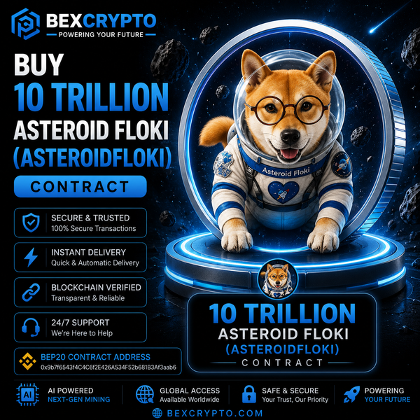 BEXCRYPTO Buy 10 Trillion Asteroid Floki (ASTEROIDFLOKI) Contract product image featuring a Shiba Inu astronaut in space, secure BEP20 blockchain contract, instant delivery, 24/7 support, and AI-powered crypto mining services.