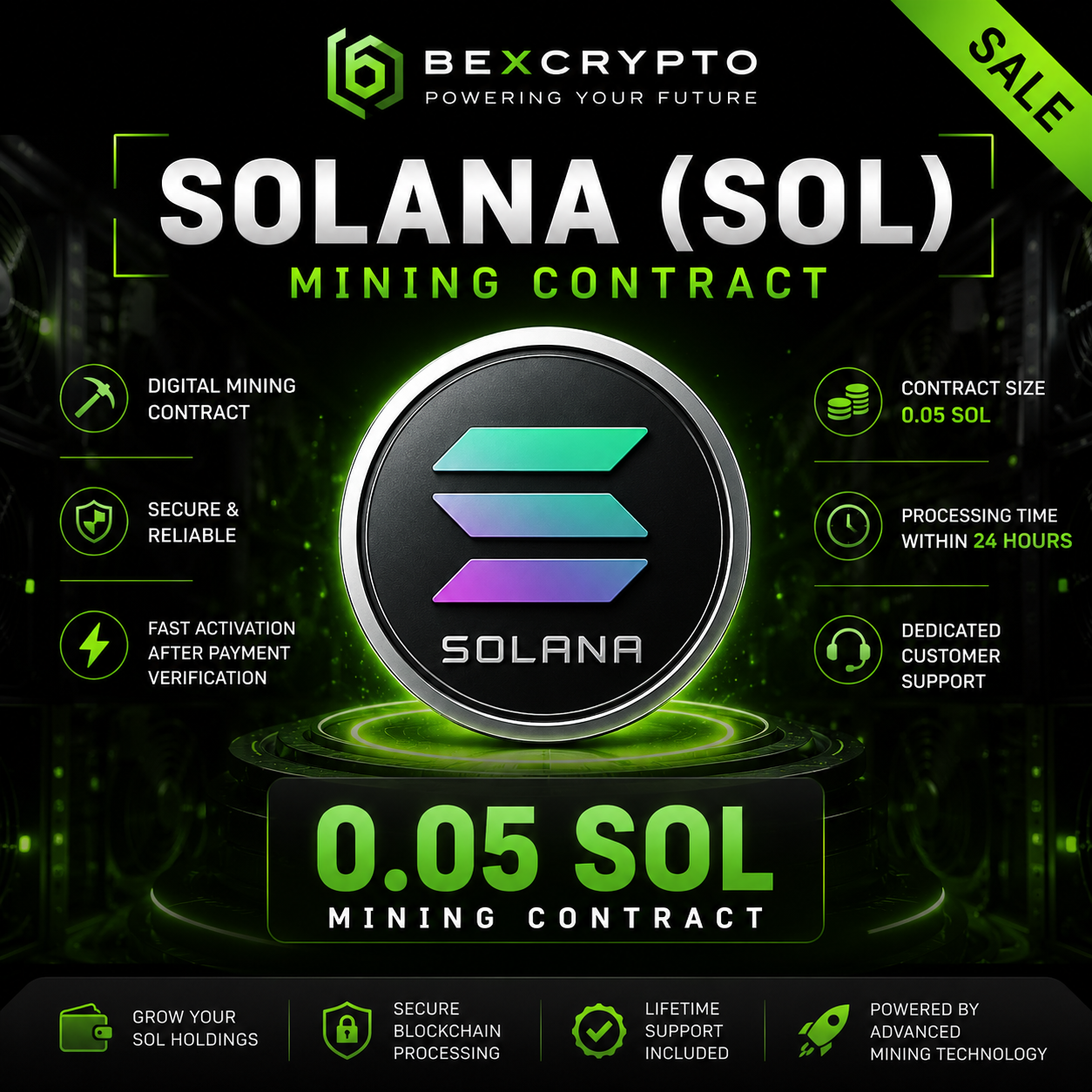 BEXCRYPTO 0.05 Solana (SOL) Mining Contract featuring secure cloud mining, fast activation after payment verification, blockchain processing, and lifetime customer support.