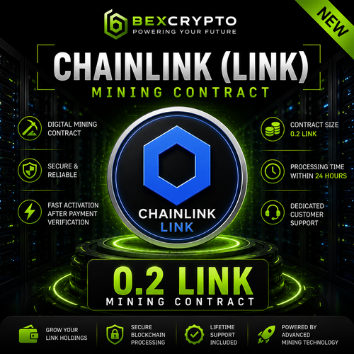 BEXCRYPTO 0.2 Chainlink (LINK) Mining Contract product image featuring the Chainlink logo, secure blockchain mining contract, fast activation, 24-hour processing, and dedicated customer support.