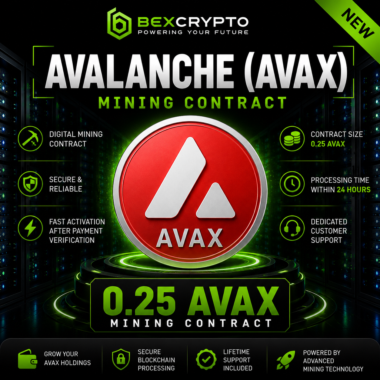 BEXCRYPTO 0.25 Avalanche (AVAX) Mining Contract product image featuring a glowing AVAX coin, secure blockchain mining, fast activation, and lifetime customer support.