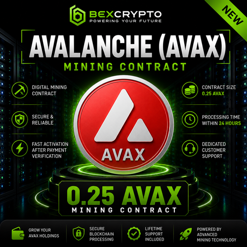 BEXCRYPTO 0.25 Avalanche (AVAX) Mining Contract product image featuring a glowing AVAX coin, secure blockchain mining, fast activation, and lifetime customer support.