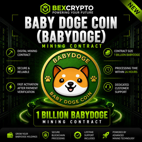 BEXCRYPTO 1 Billion Baby Doge Coin (BabyDoge) cloud mining contract featuring the official BabyDoge logo with a futuristic blockchain mining design.