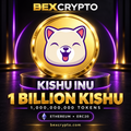 Bexcrypto product image featuring the Kishu Inu dog logo on a gold coin, 1 billion KISHU tokens, and Ethereum ERC20 branding.