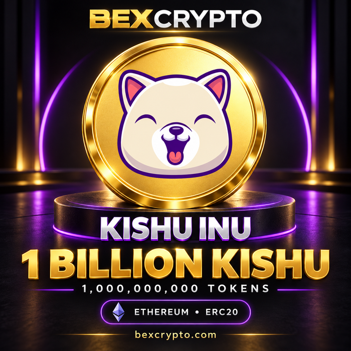 Bexcrypto product image featuring the Kishu Inu dog logo on a gold coin, 1 billion KISHU tokens, and Ethereum ERC20 branding.