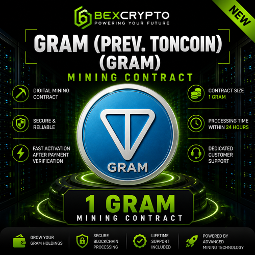 BEXCRYPTO 1 Gram (Prev. Toncoin) GRAM mining contract featuring the GRAM coin logo with secure cloud mining, fast activation, and blockchain-powered digital mining services.