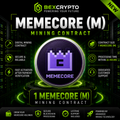 BEXCRYPTO 1 MemeCore (M) Mining Contract product image featuring the official MemeCore logo, secure blockchain mining contract, 24-hour activation, and lifetime support.