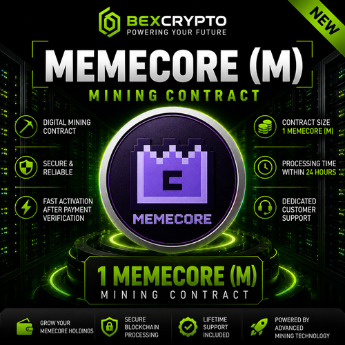 BEXCRYPTO 1 MemeCore (M) Mining Contract product image featuring the official MemeCore logo, secure blockchain mining contract, 24-hour activation, and lifetime support.