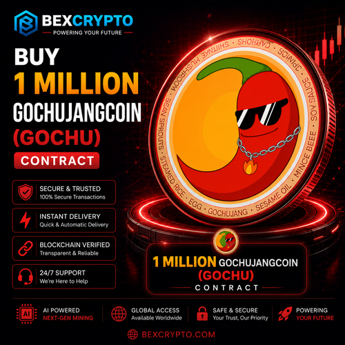 BEXCRYPTO 1 Million Gochujangcoin (GOCHU) Cloud Mining Contract featuring the GOCHU token mascot with secure blockchain mining, instant delivery, AI-powered mining technology, and 24/7 customer support.