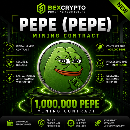 BEXCRYPTO 1 Million PEPE (PEPE) Mining Contract product image featuring secure blockchain cloud mining, fast 24-hour activation, and lifetime customer support.