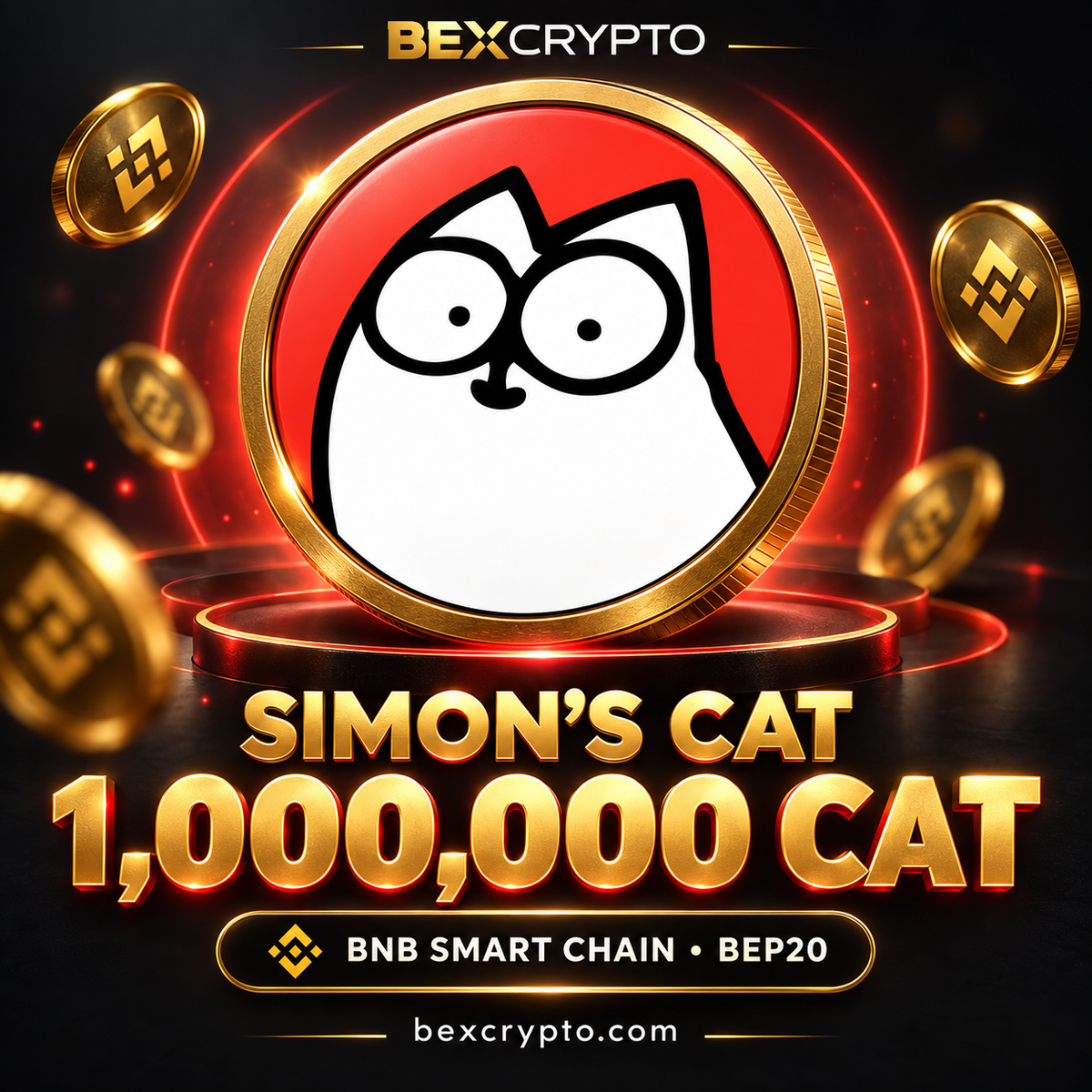 Bexcrypto product image featuring Simon’s Cat token logo, 1,000,000 CAT, and BNB Smart Chain BEP20 branding