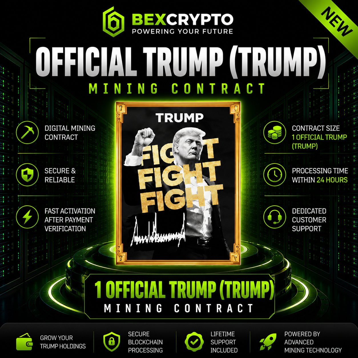 BEXCRYPTO 1 OFFICIAL TRUMP (TRUMP) Mining Contract product image featuring the OFFICIAL TRUMP token artwork with secure cryptocurrency mining contract branding.