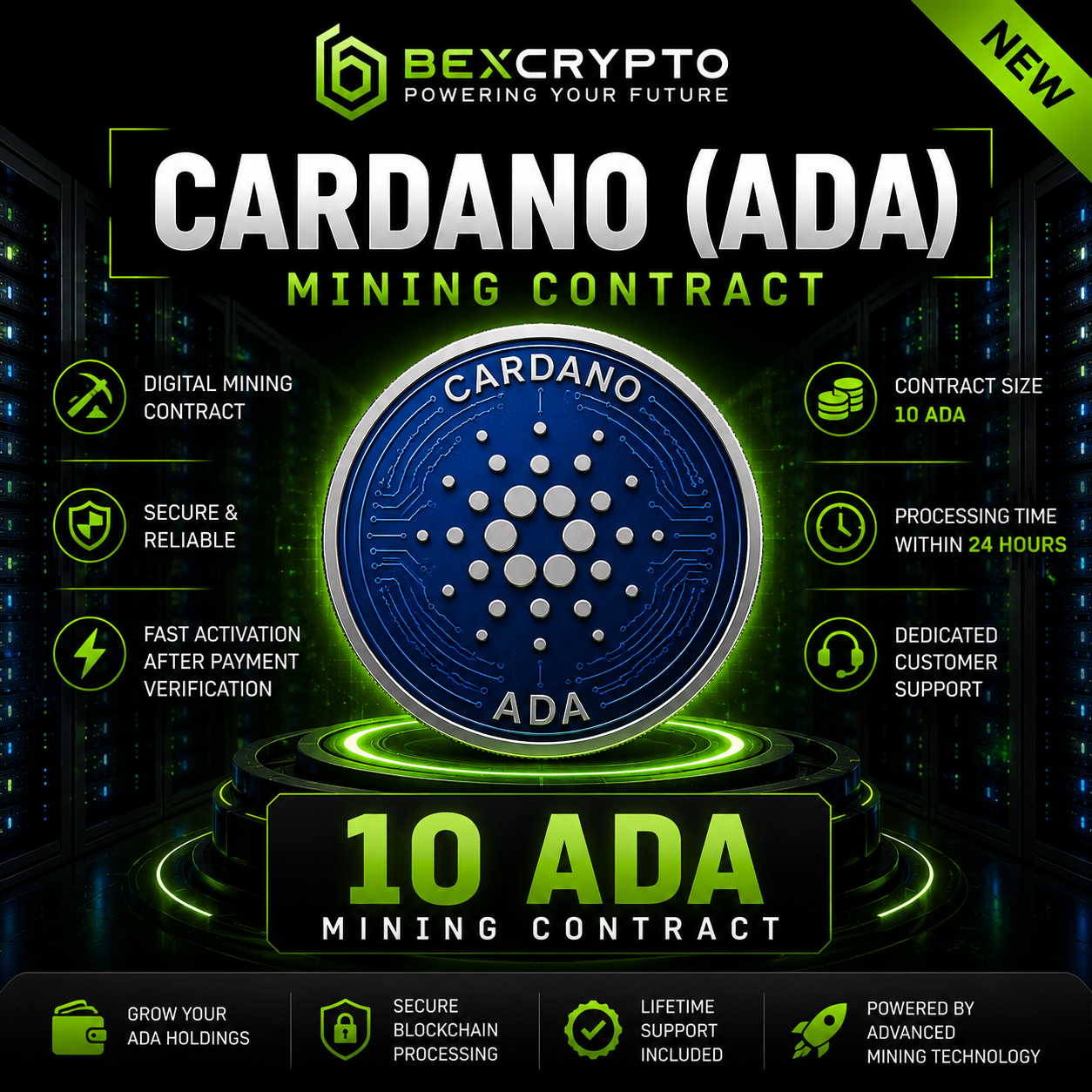 BEXCRYPTO 10 Cardano (ADA) Mining Contract – Secure Digital Crypto Mining Contract with Fast Activation