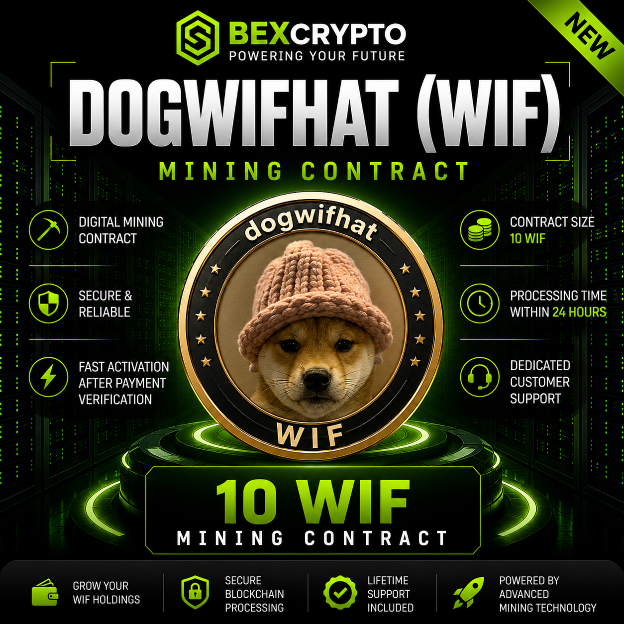 BEXCRYPTO 10 dogwifhat (WIF) Mining Contract product image featuring the WIF logo, secure blockchain mining, fast activation, and professional crypto mining services.