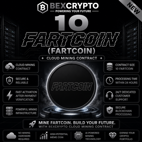BEXCRYPTO 10 Fartcoin (FARTCOIN) Cloud Mining Contract promotional image featuring a futuristic black and silver digital coin, cloud mining platform, secure blockchain processing, AI-powered mining technology, and fast activation within 24 hours.
