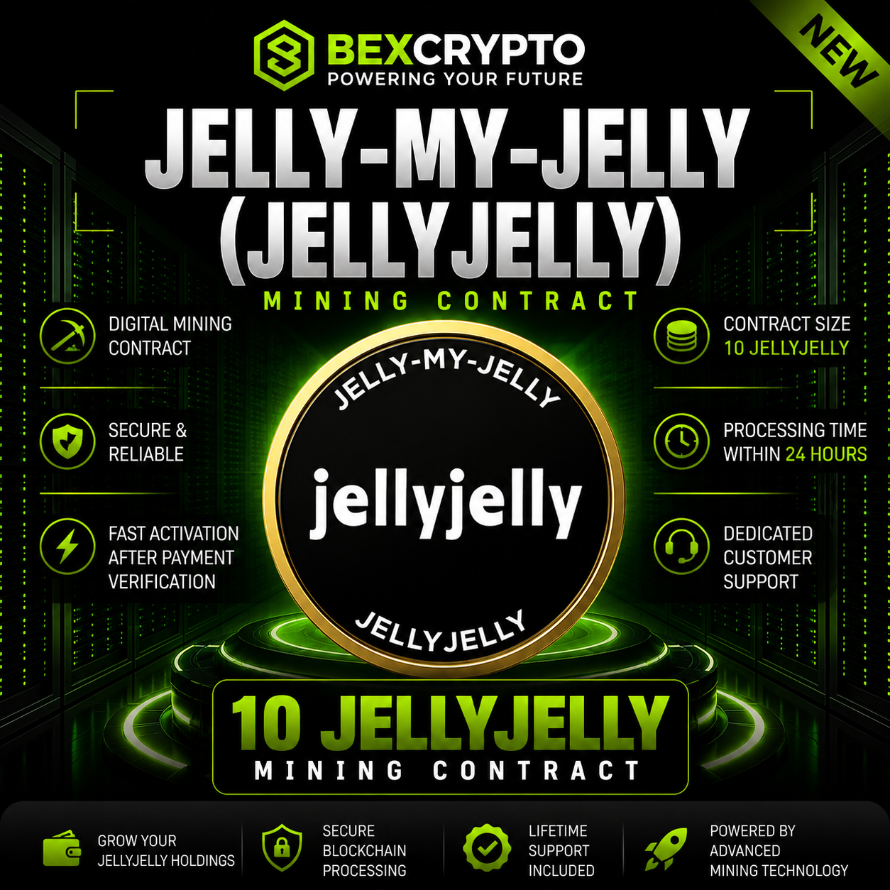 BEXCRYPTO 10 Jelly-My-Jelly (JELLYJELLY) mining contract product image with JELLYJELLY logo and futuristic blockchain mining design.